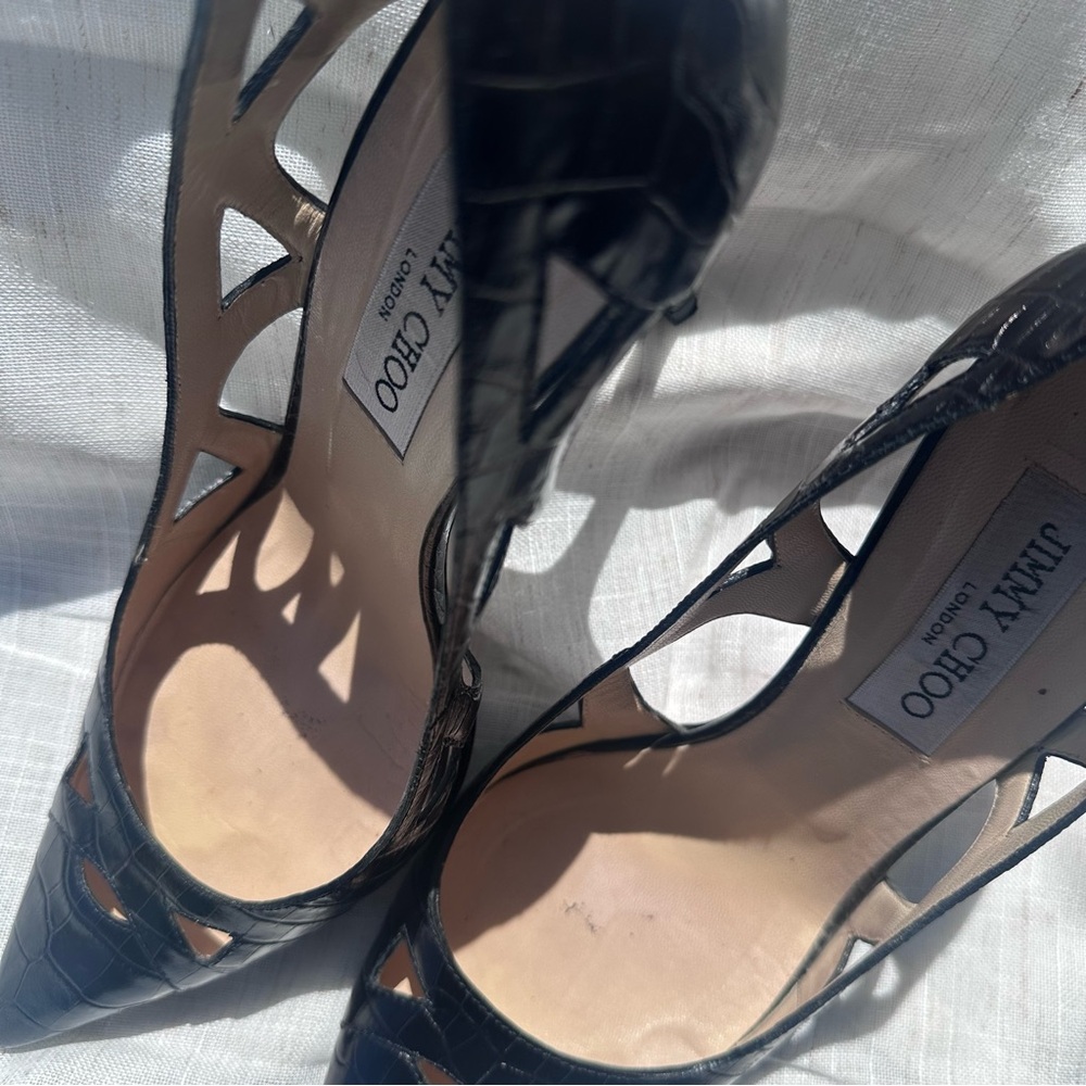 Jimmy Choo Black Croc-Embossed Cutout Cage Heel Pump Size 39